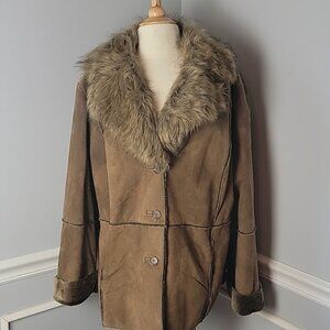 VENEZIA JEANS VTG Brown Suede Exposed‎ Seam Faux Fur Lapel Collar Jacket Coat